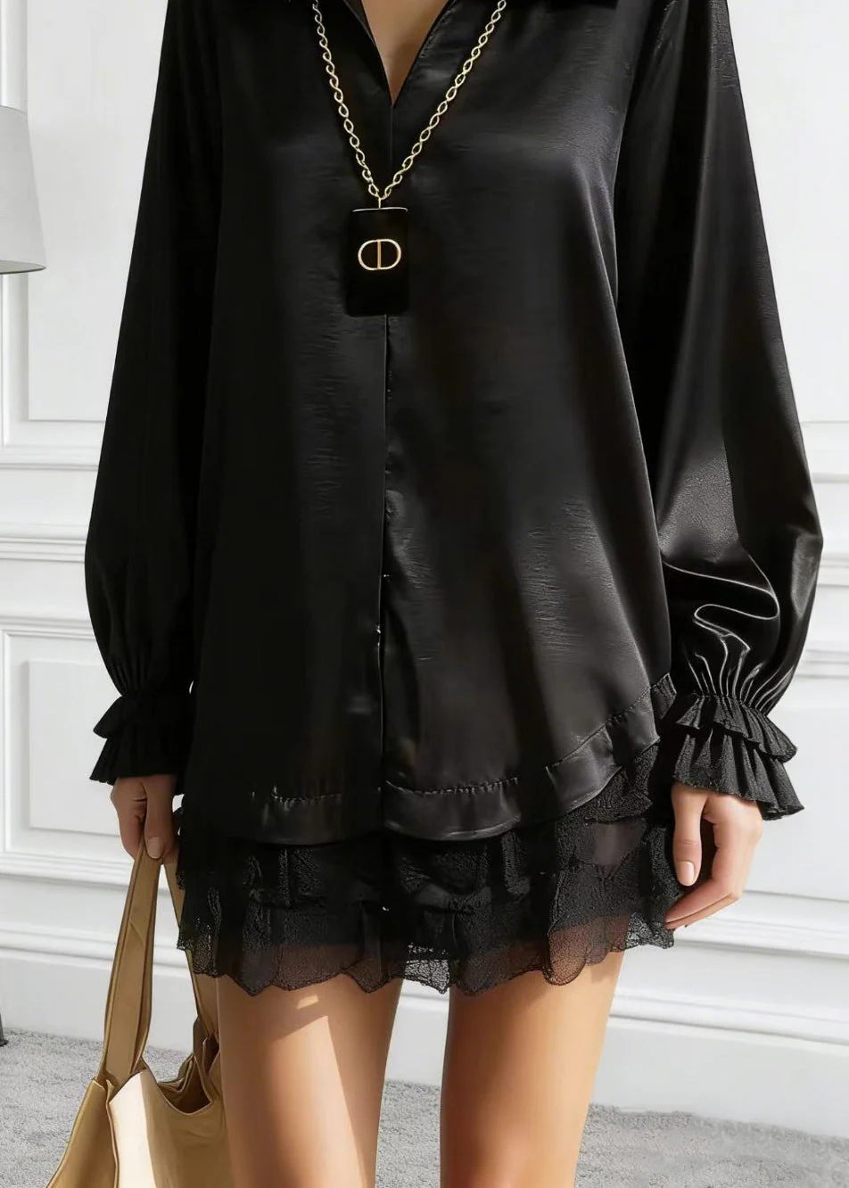 Women Black Peter Pan Collar Lace Patchwork Silk Shirt Tops Spring - Image 4