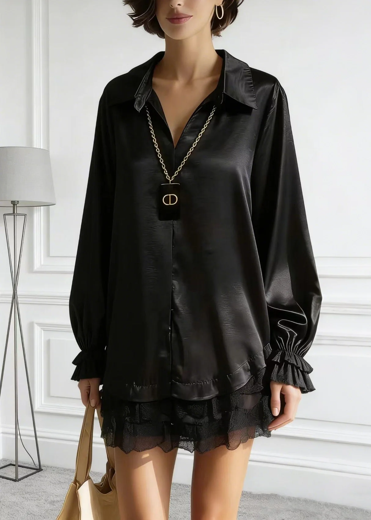 Women Black Peter Pan Collar Lace Patchwork Silk Shirt Tops Spring - Image 5