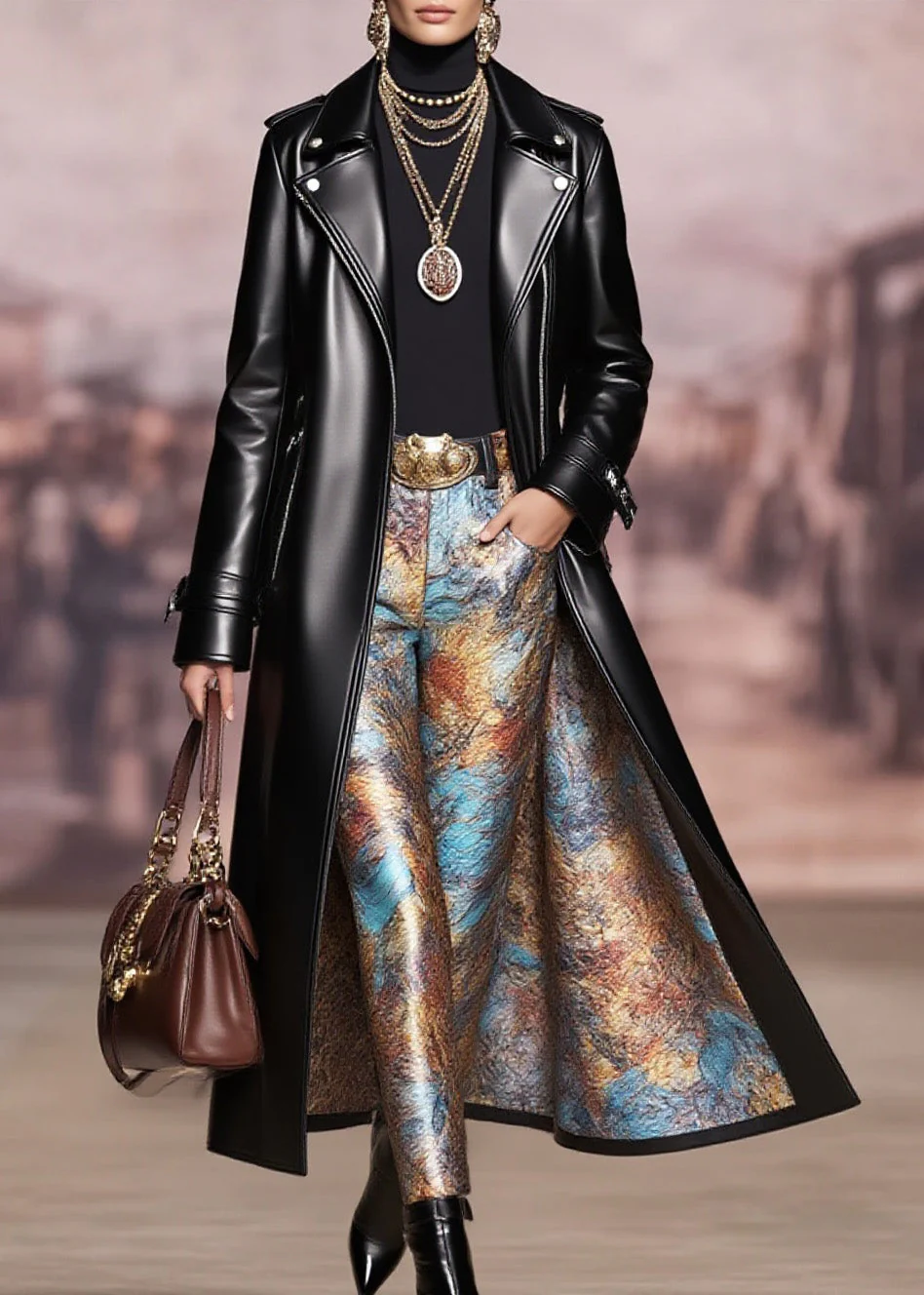 Women Black Peter Pan Collar Pockets Faux Leather Coat Spring - Image 5