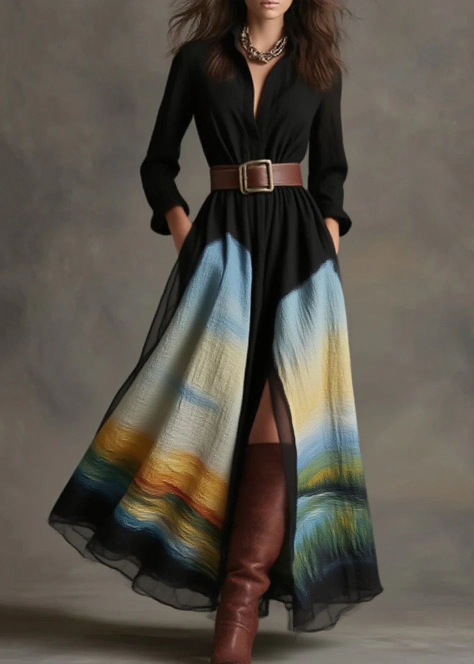 Women Black Peter Pan Collar Pockets Print Cotton Dress Spring - Image 5