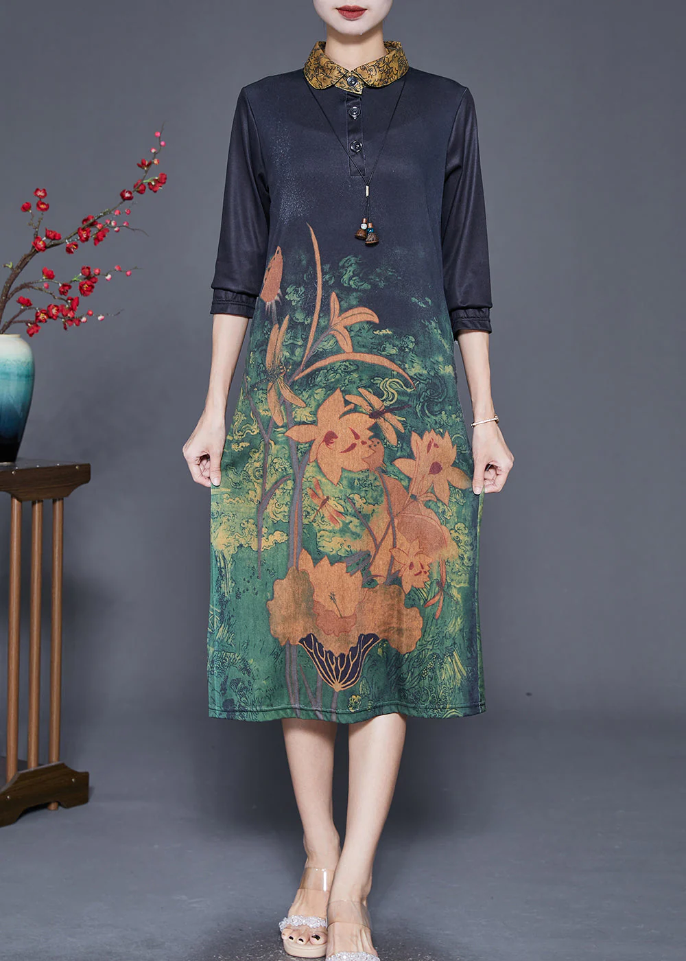 Women Black Peter Pan Collar Print Slim Fit Dress Fall - Image 3
