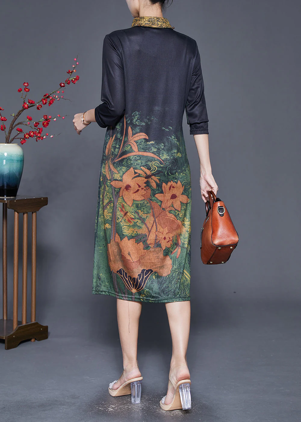 Women Black Peter Pan Collar Print Slim Fit Dress Fall - Image 4