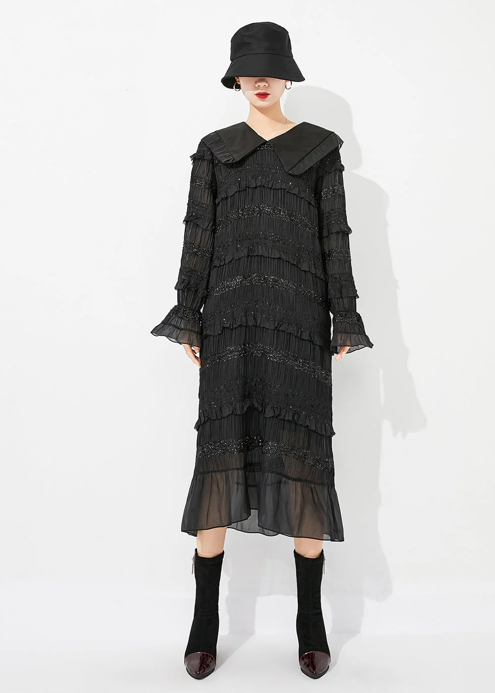 Women Black Peter Pan Collar Ruffled Patchwork Wrinkled Long Dress Spring - Image 2