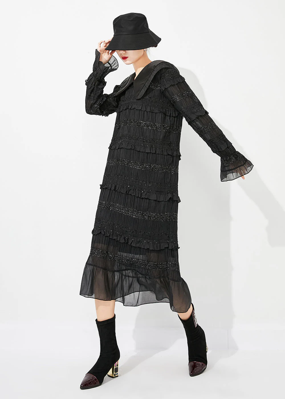 Women Black Peter Pan Collar Ruffled Patchwork Wrinkled Long Dress Spring - Image 3