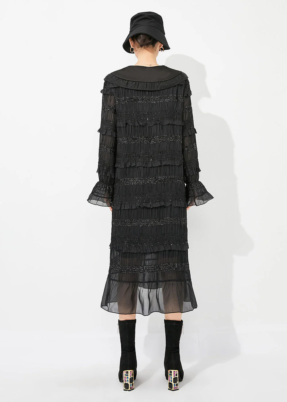 Women Black Peter Pan Collar Ruffled Patchwork Wrinkled Long Dress Spring - Image 4
