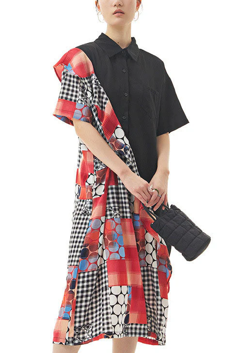 Women Black Peter Pan Collar Ruffled Print Patchwork Chiffon Dresses Summer - Image 2