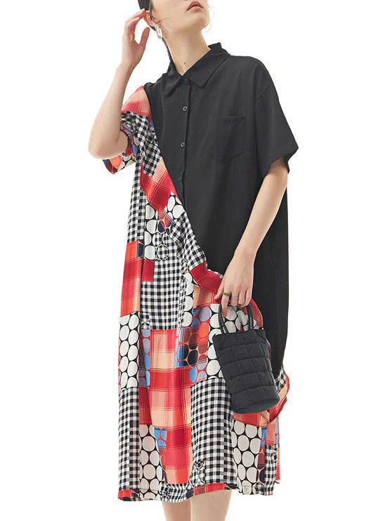 Women Black Peter Pan Collar Ruffled Print Patchwork Chiffon Dresses Summer - Image 3