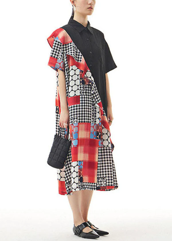 Women Black Peter Pan Collar Ruffled Print Patchwork Chiffon Dresses Summer - Image 4