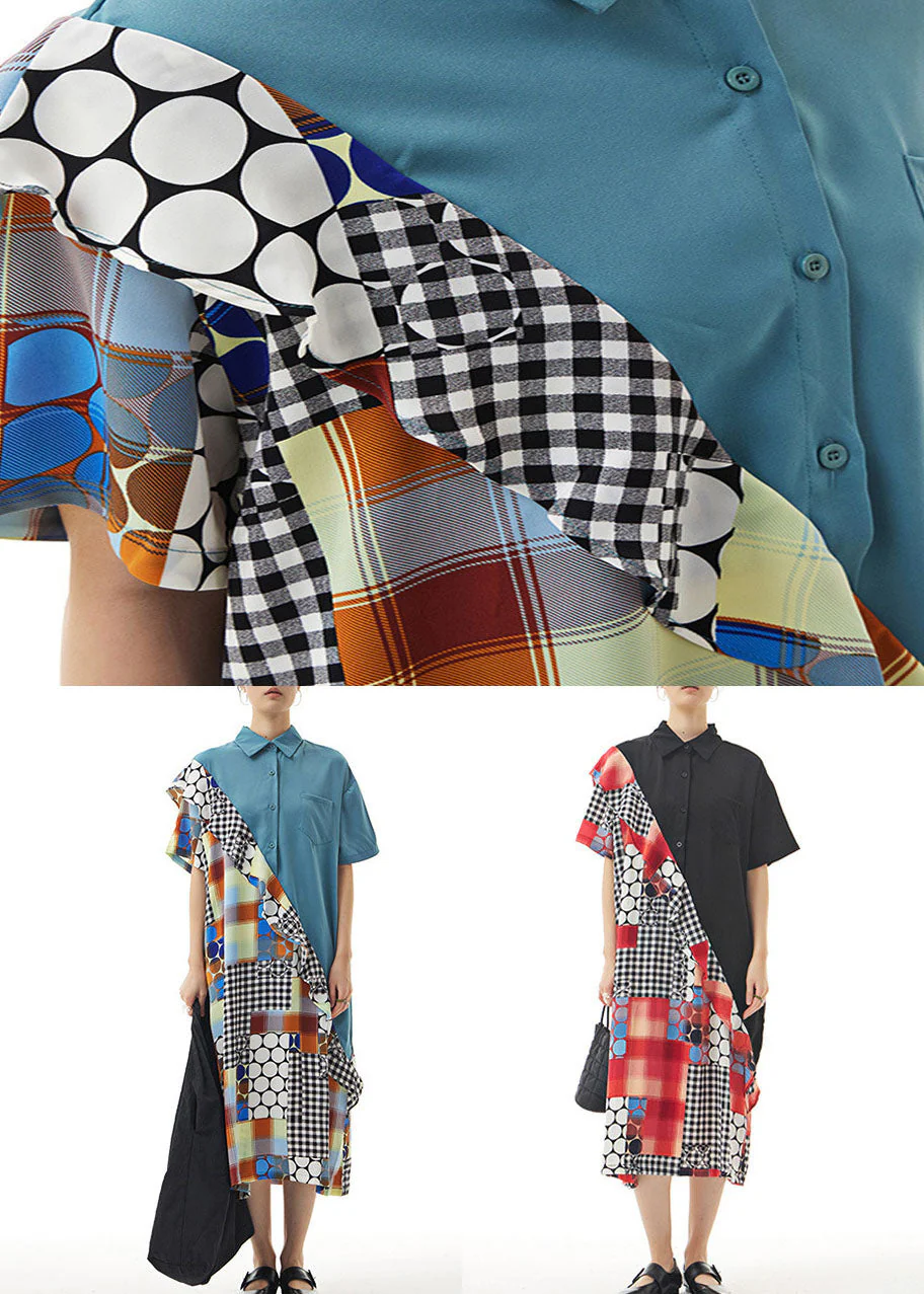 Women Black Peter Pan Collar Ruffled Print Patchwork Chiffon Dresses Summer - Image 5