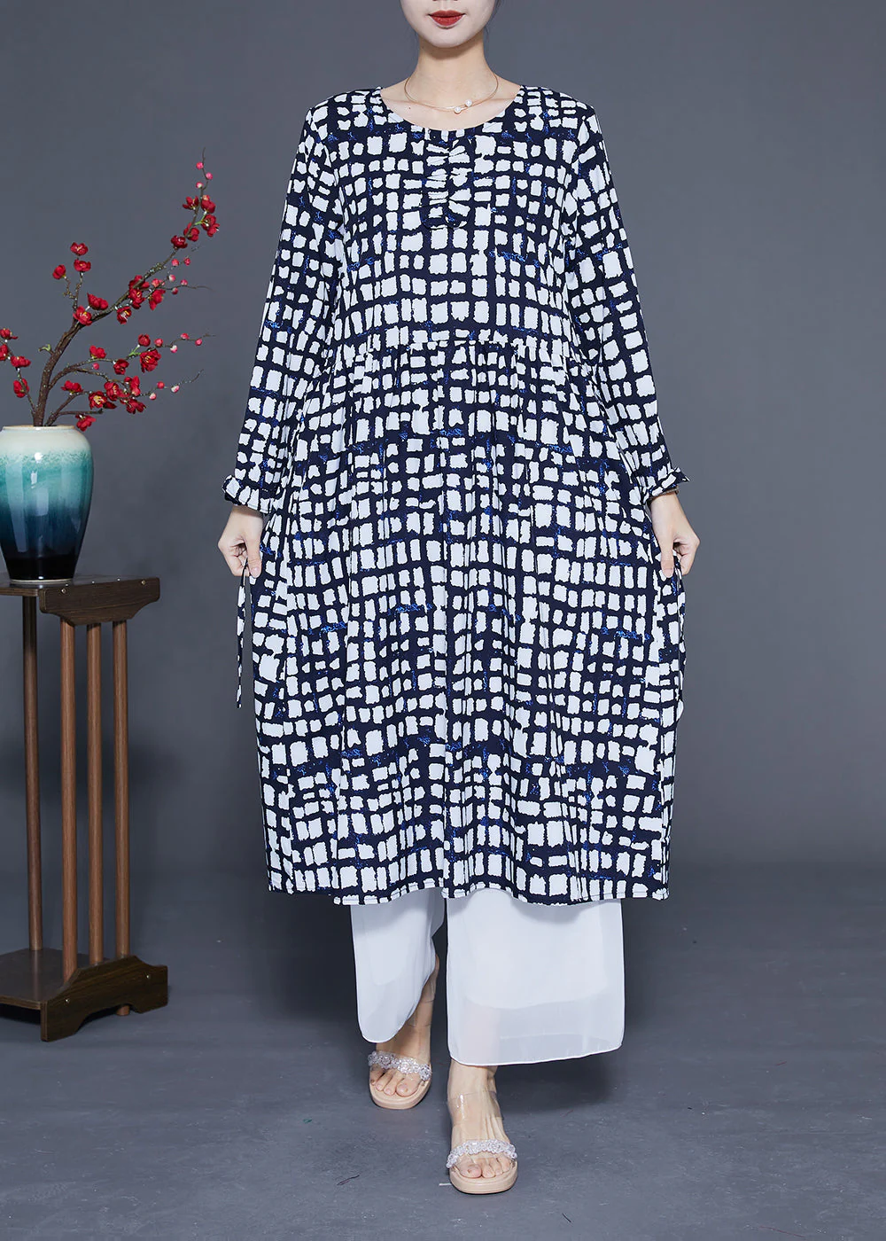 Women Black Plaid Tie Waist Chiffon Long Dress Summer - Image 2