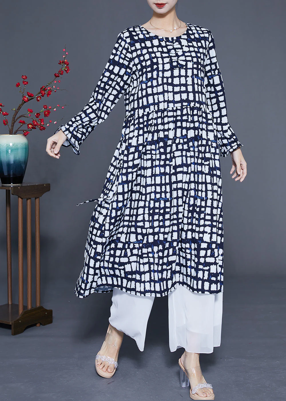 Women Black Plaid Tie Waist Chiffon Long Dress Summer - Image 3