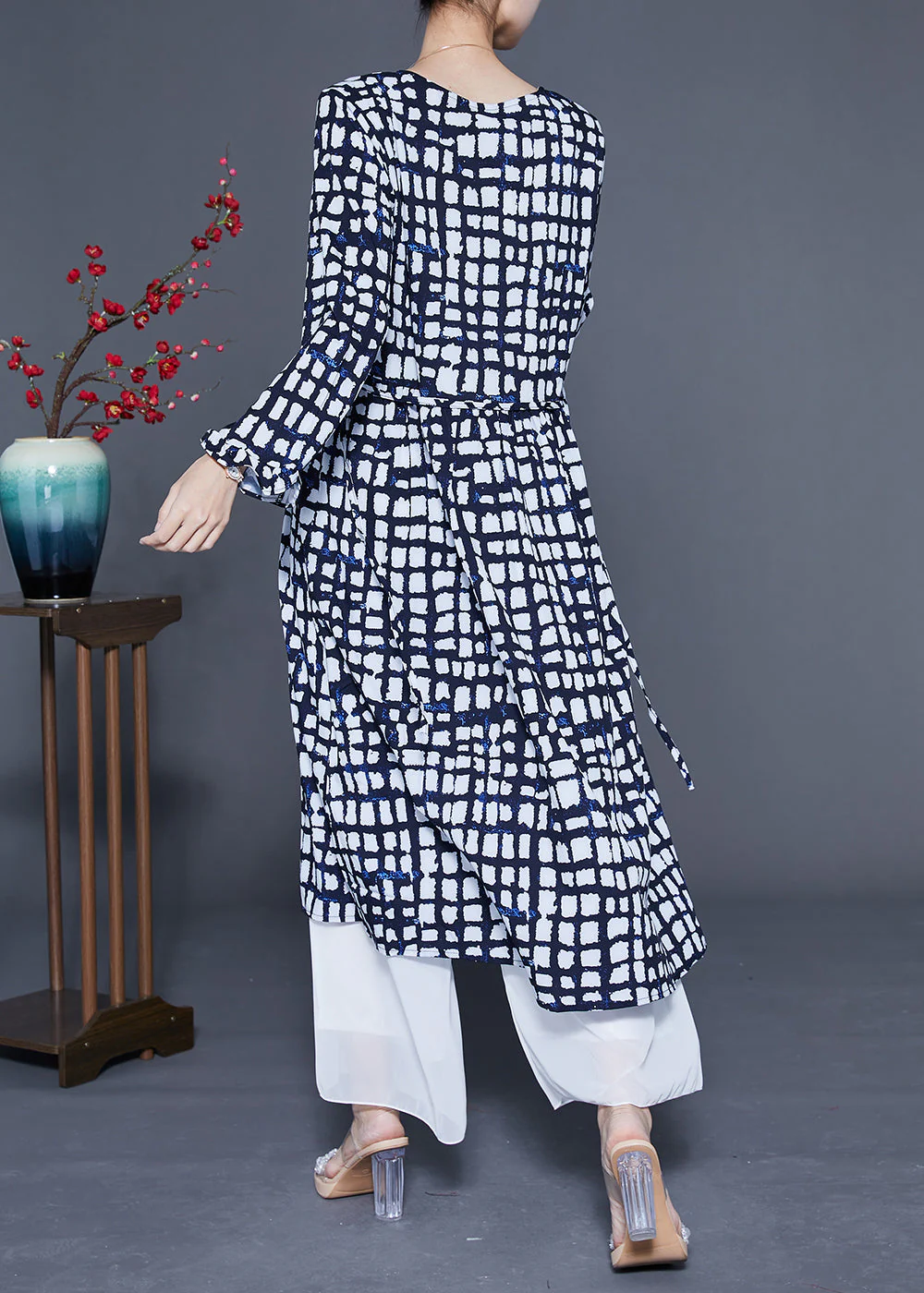 Women Black Plaid Tie Waist Chiffon Long Dress Summer - Image 4
