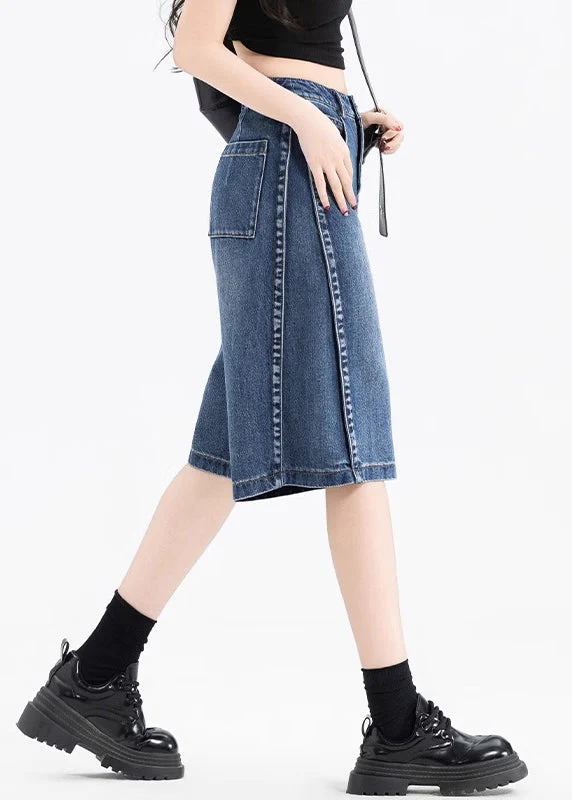 Women Black Pockets Patchwork Denim Crop Pants Summer - Image 2