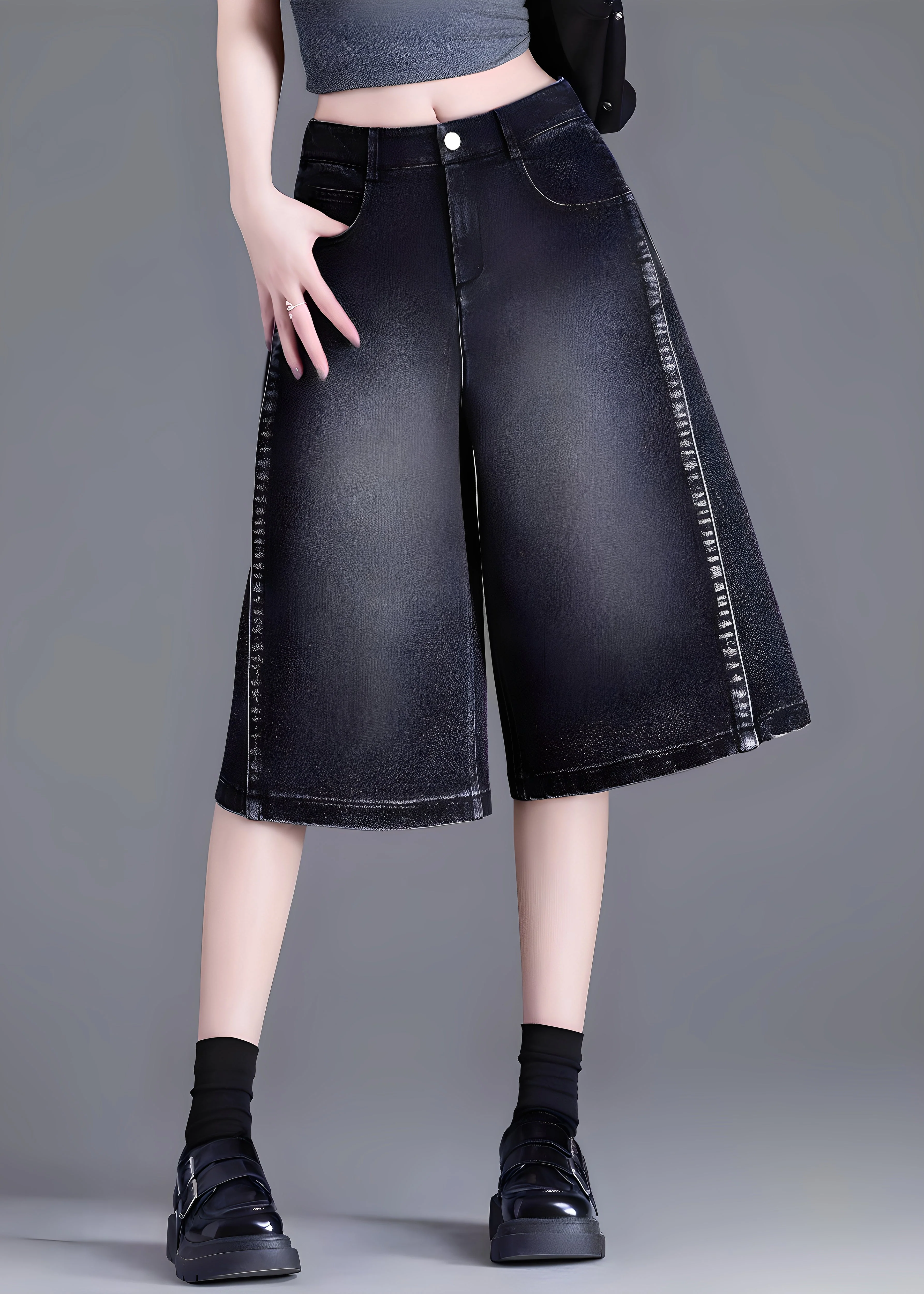 Women Black Pockets Patchwork Denim Crop Pants Summer - Image 3