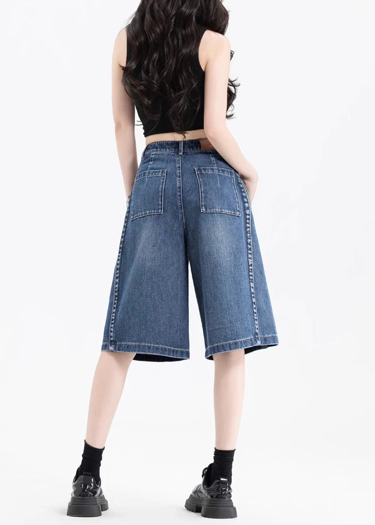 Women Black Pockets Patchwork Denim Crop Pants Summer - Image 4