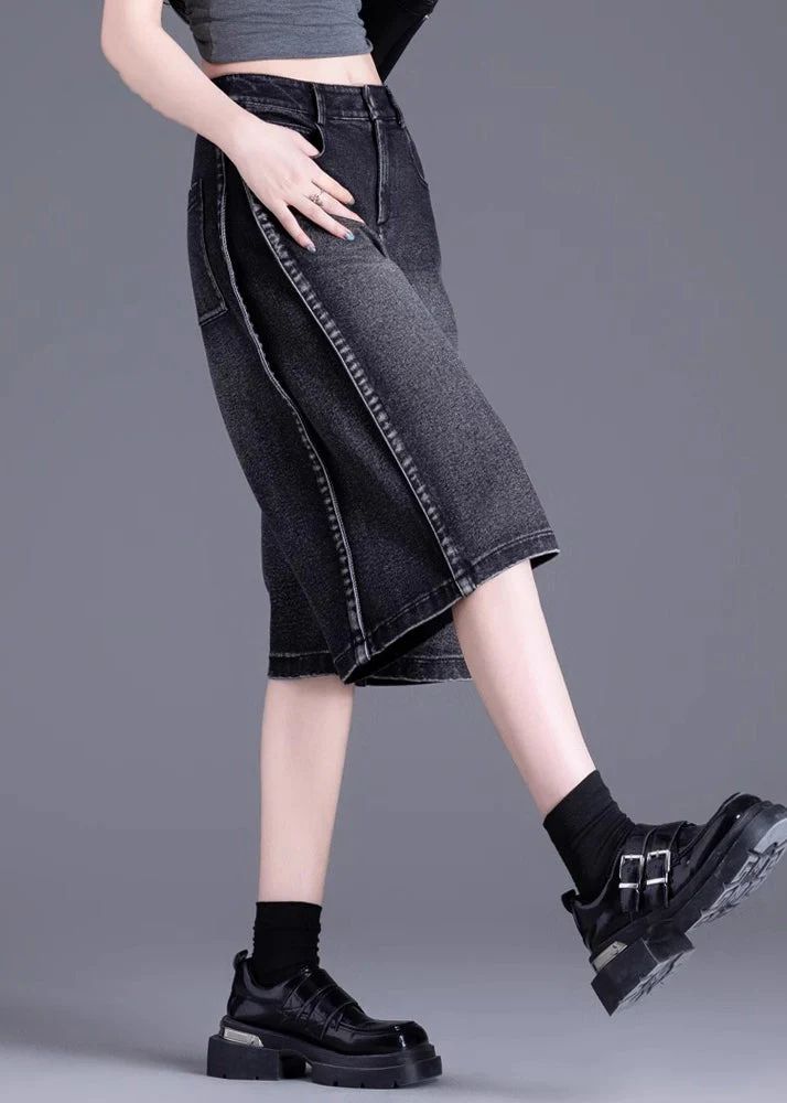 Women Black Pockets Patchwork Denim Crop Pants Summer - Image 5