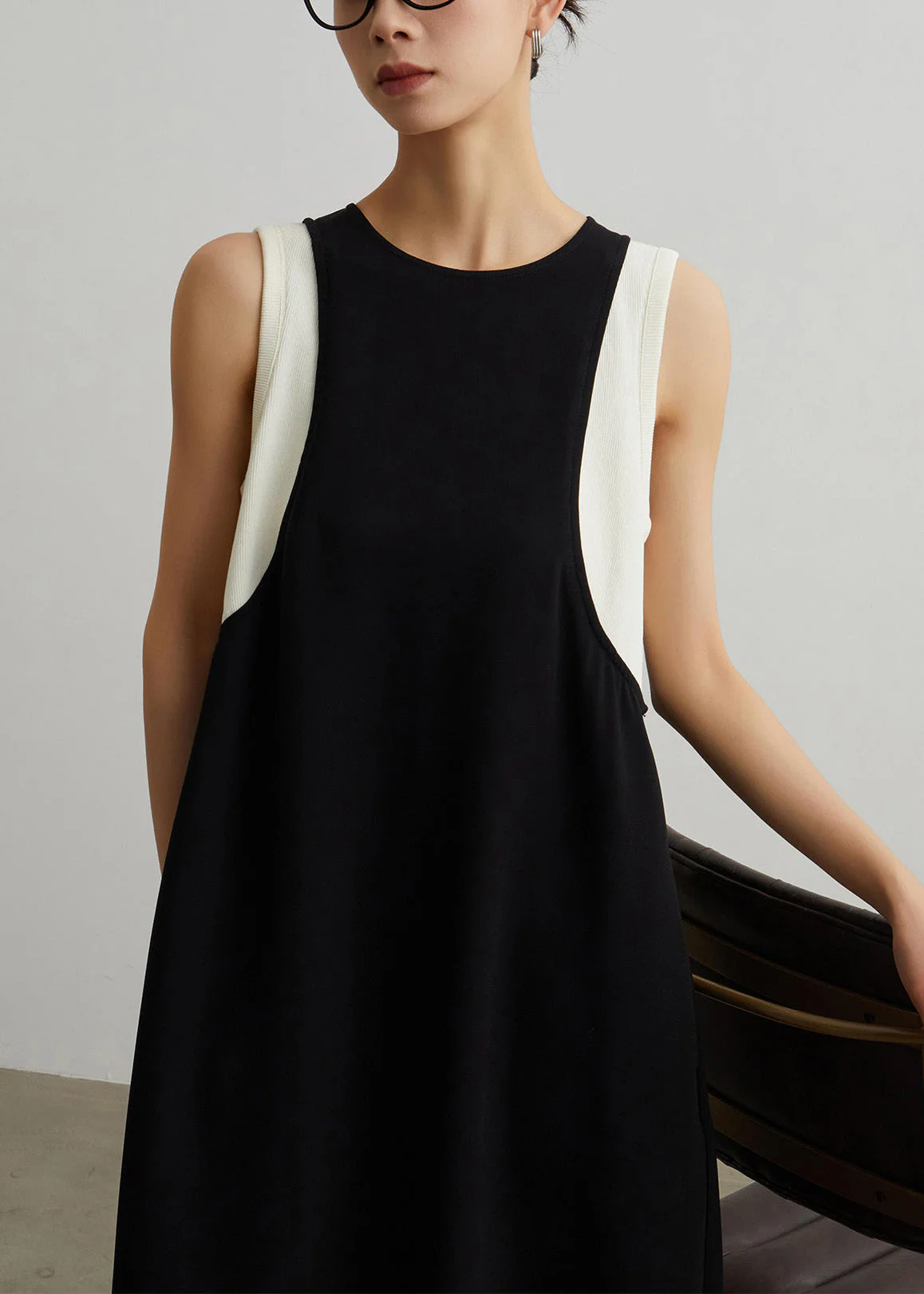 Women Black Pockets Patchwork False Two Pieces Cotton Long Dresses Sleeveless