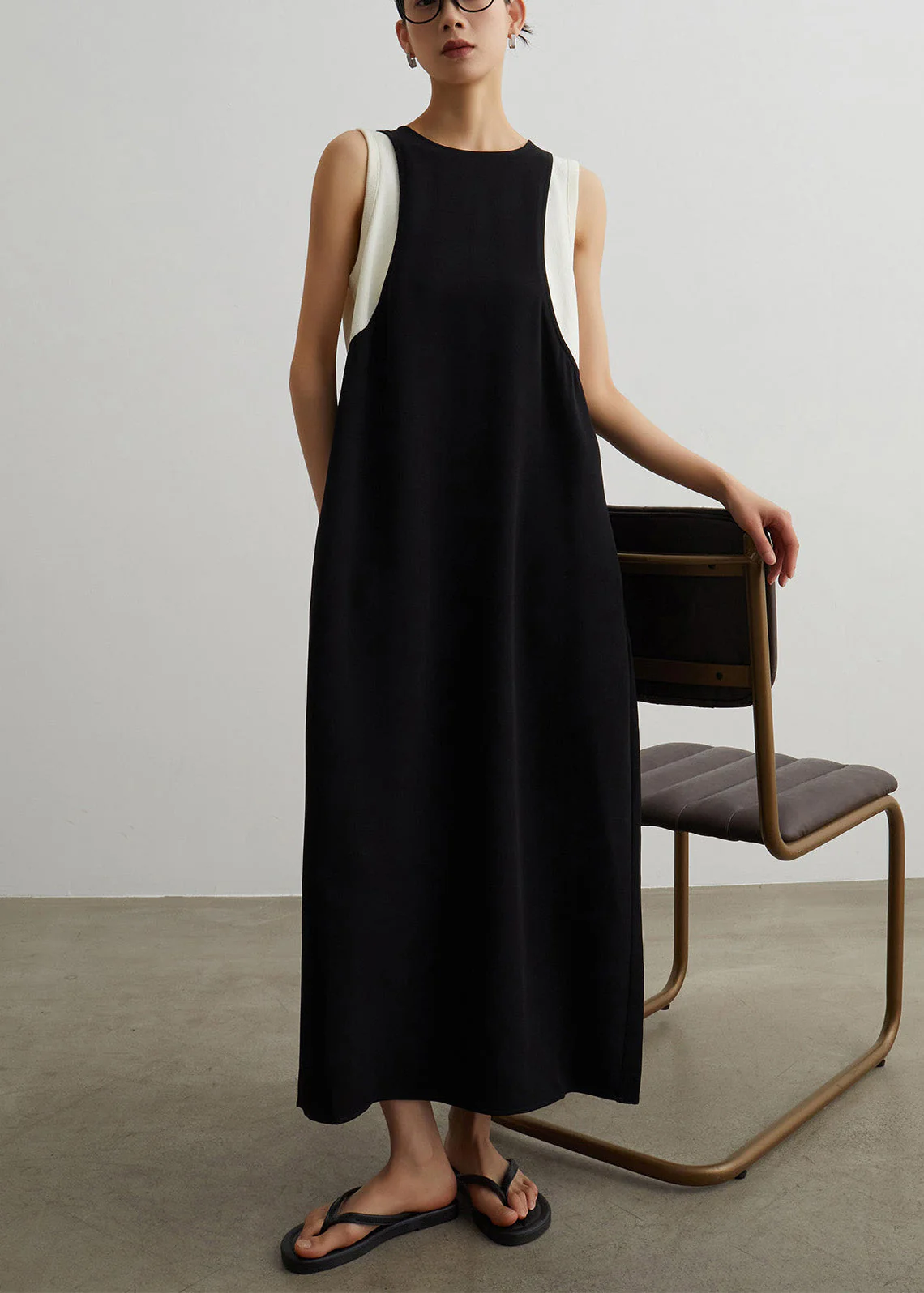 Women Black Pockets Patchwork False Two Pieces Cotton Long Dresses Sleeveless - Image 2