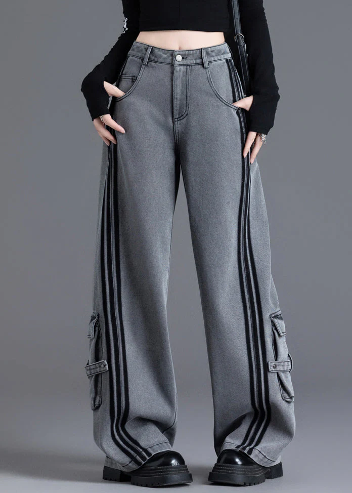 Women Black Pockets Patchwork High Waist Denim Pants Spring - Image 2