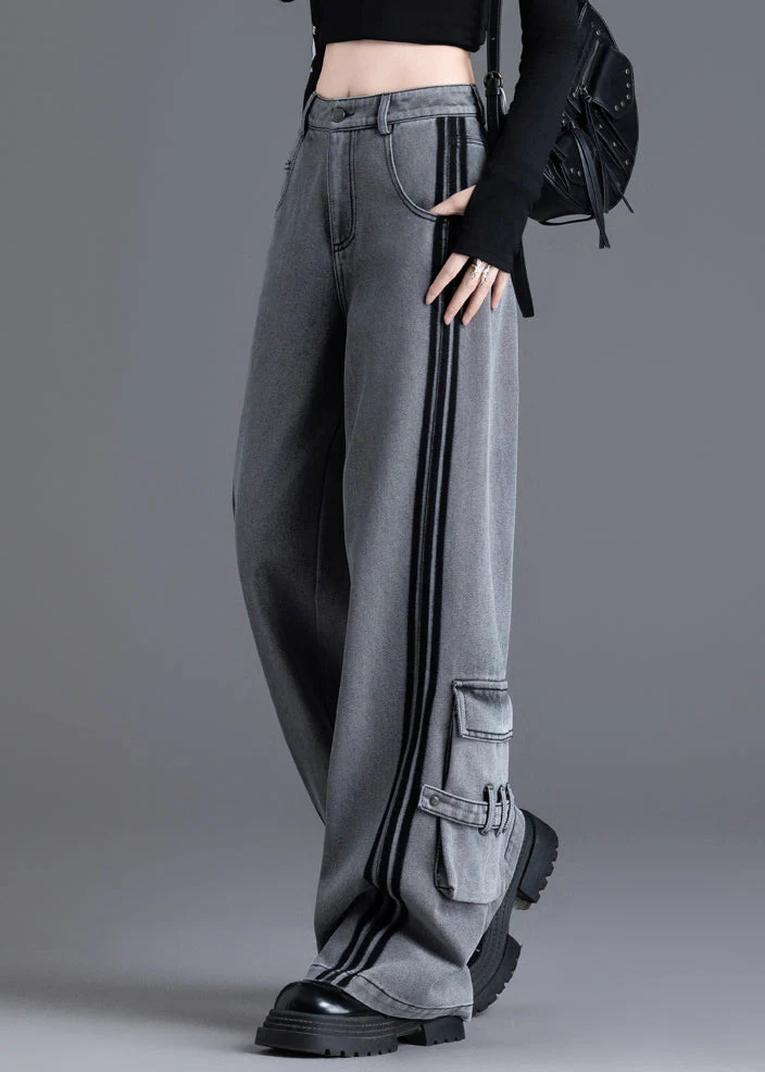 Women Black Pockets Patchwork High Waist Denim Pants Spring - Image 3