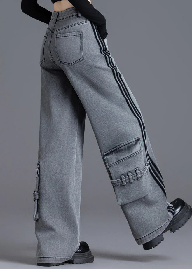 Women Black Pockets Patchwork High Waist Denim Pants Spring - Image 4