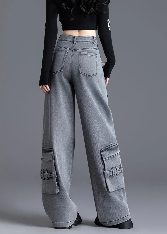 Women Black Pockets Patchwork High Waist Denim Pants Spring - Image 5