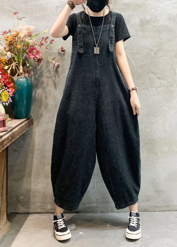 Women Black Pockets Plus Size Denim Jumpsuits Summer - Image 2