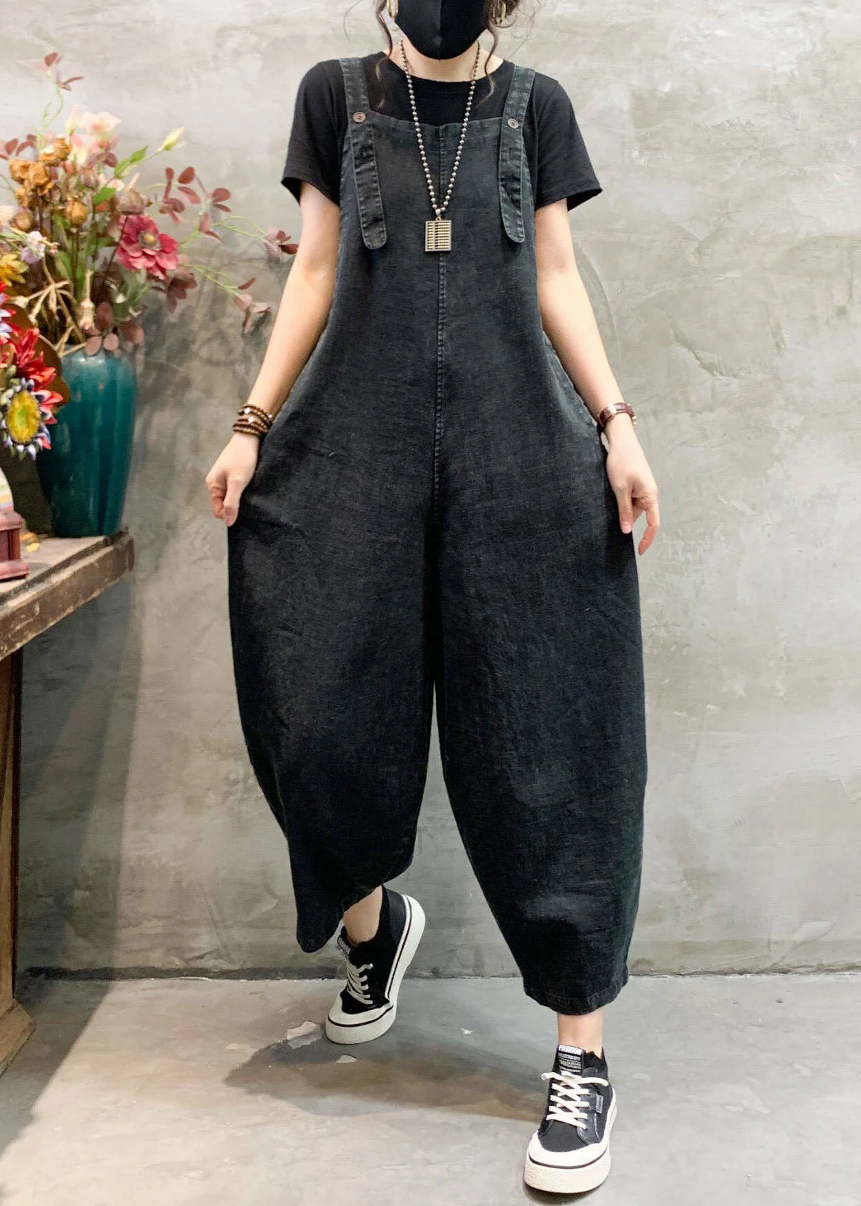Women Black Pockets Plus Size Denim Jumpsuits Summer - Image 3