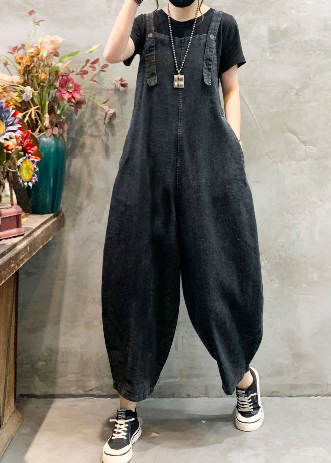 Women Black Pockets Plus Size Denim Jumpsuits Summer - Image 4
