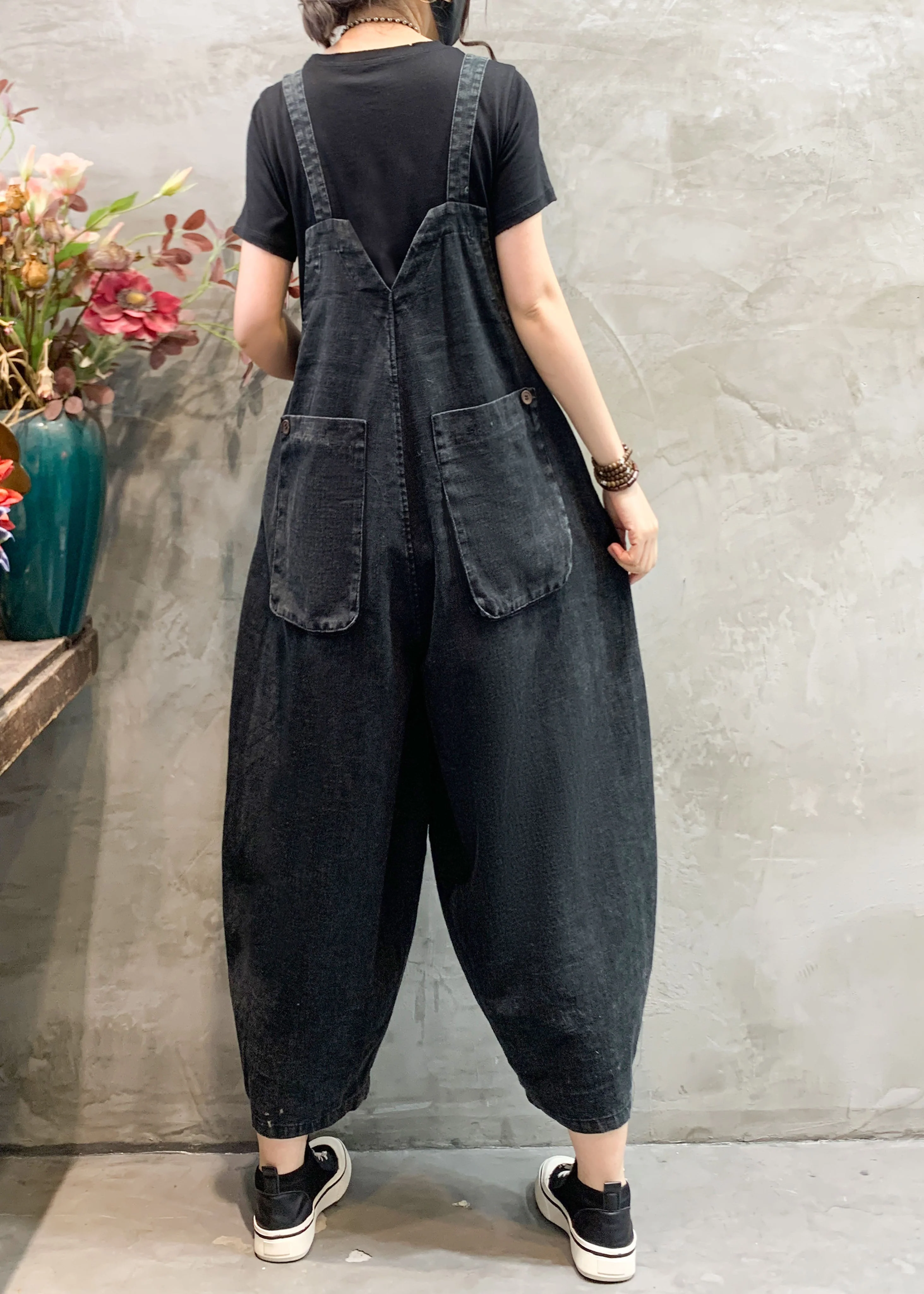 Women Black Pockets Plus Size Denim Jumpsuits Summer - Image 5