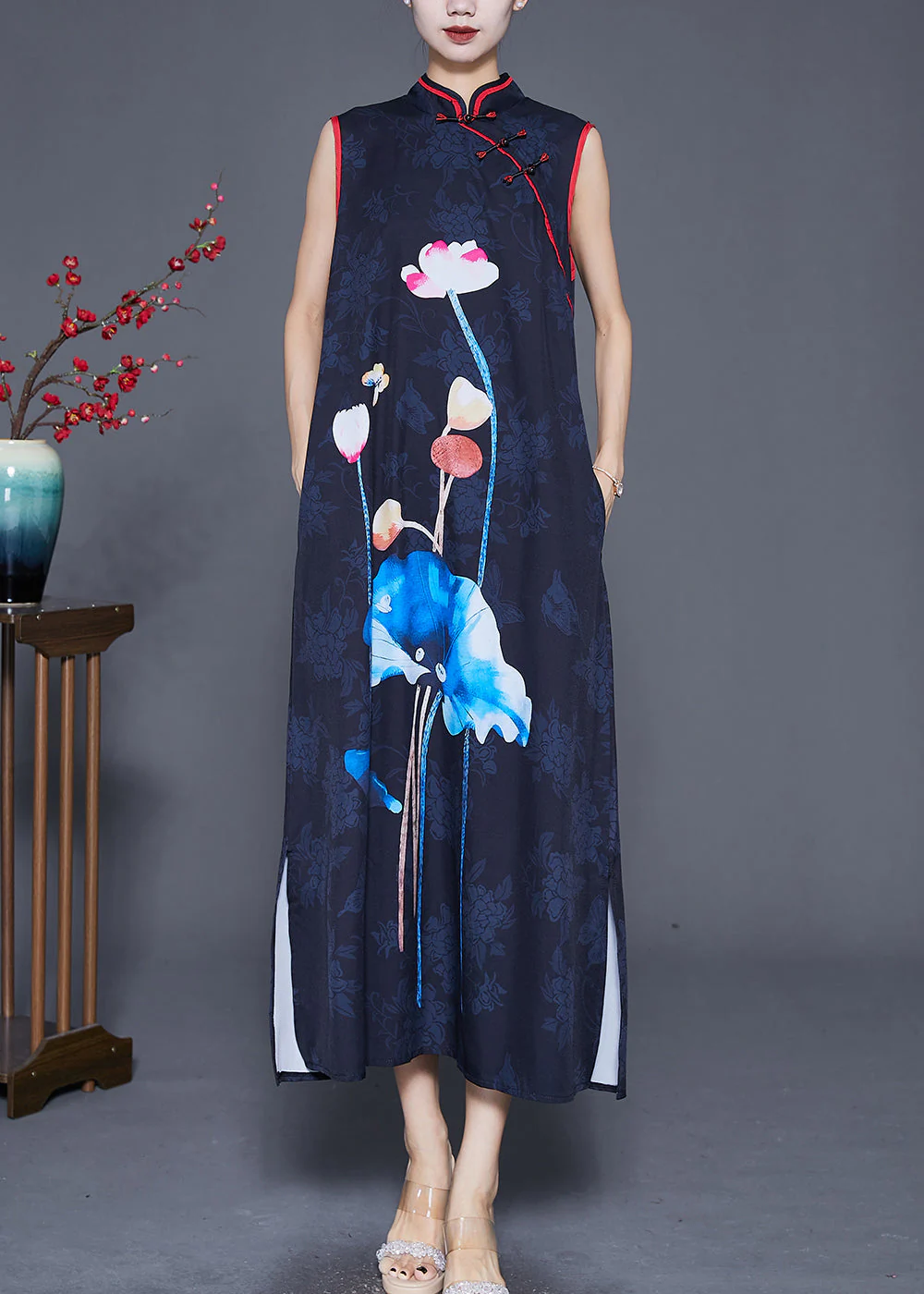 Women Black Print Chinese Button Silk Long Dress Sleeveless - Image 2