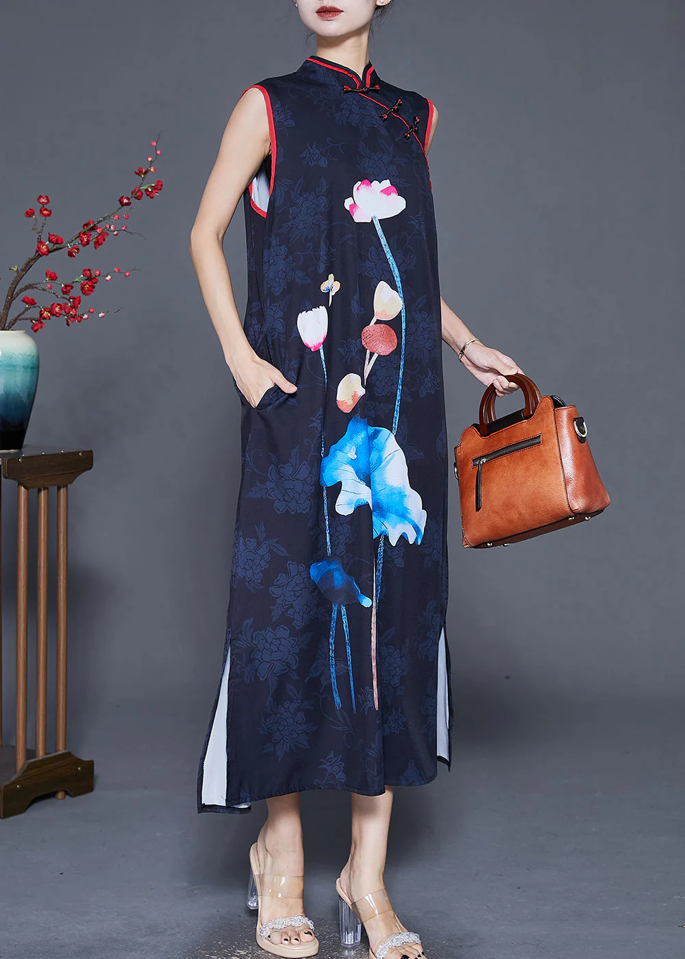 Women Black Print Chinese Button Silk Long Dress Sleeveless - Image 3