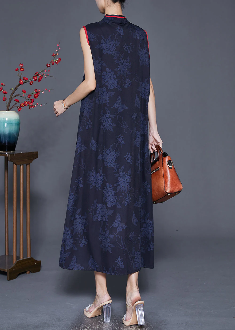 Women Black Print Chinese Button Silk Long Dress Sleeveless - Image 4