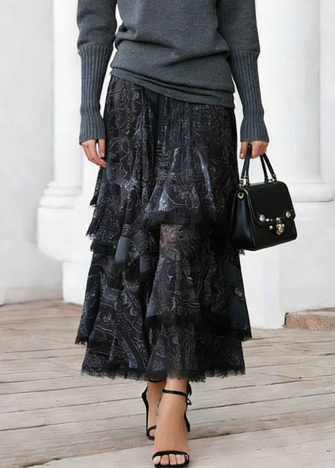 Women Black Print Elastic Waist Lace A Line Skirts - Image 3