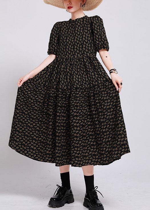 Women Black Print O-Neck Circle Summer Party Dresses Half Sleeve