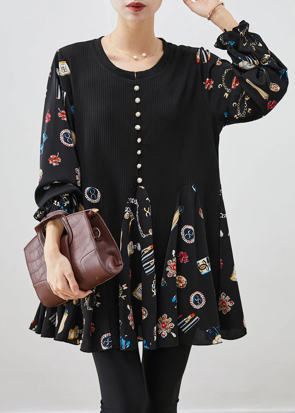 Women Black Print Patchwork Cotton Mini Dress Fall - Image 2