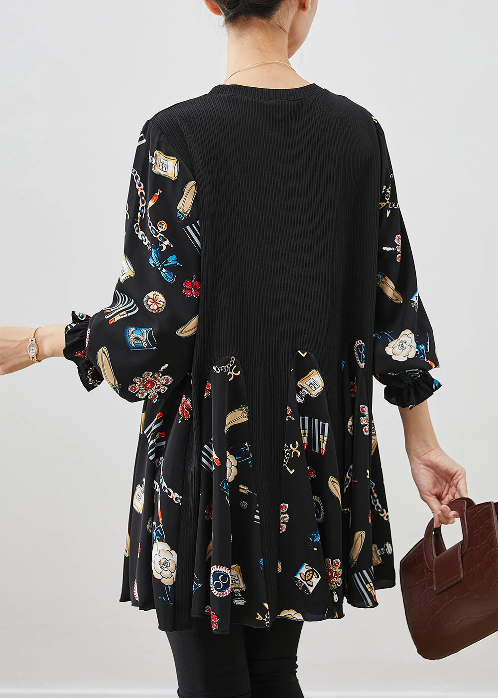 Women Black Print Patchwork Cotton Mini Dress Fall - Image 4