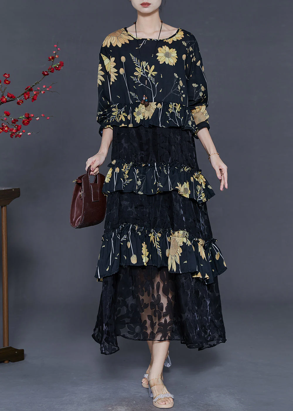 Women Black Print Patchwork Lace Vacation Dresses Spring - Image 2