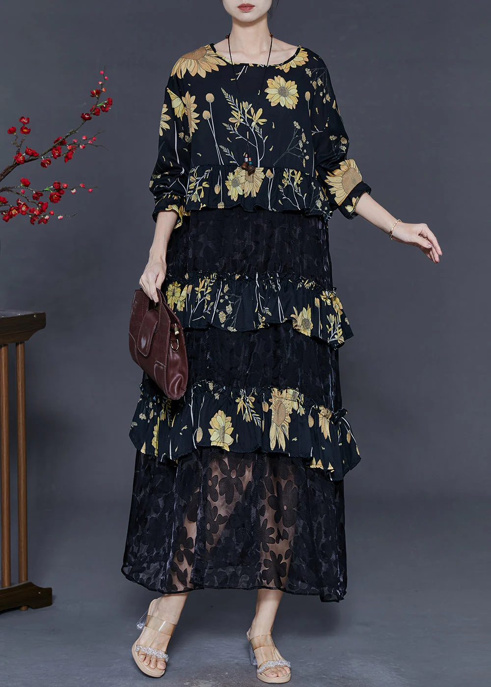 Women Black Print Patchwork Lace Vacation Dresses Spring - Image 3