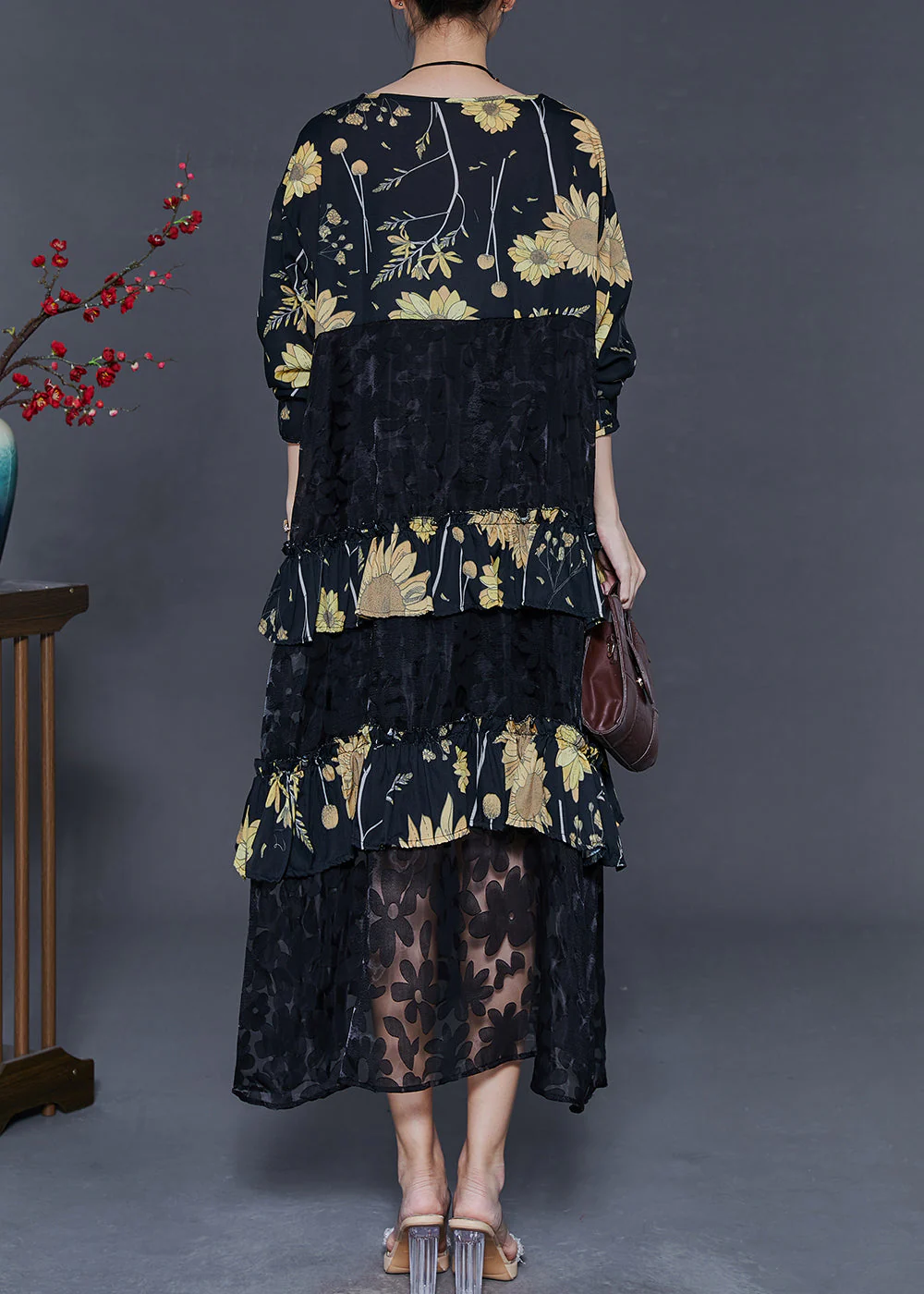 Women Black Print Patchwork Lace Vacation Dresses Spring - Image 4