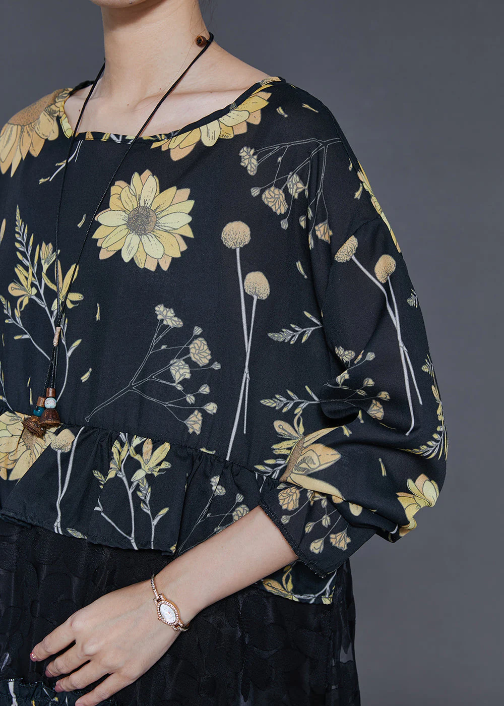 Women Black Print Patchwork Lace Vacation Dresses Spring - Image 5
