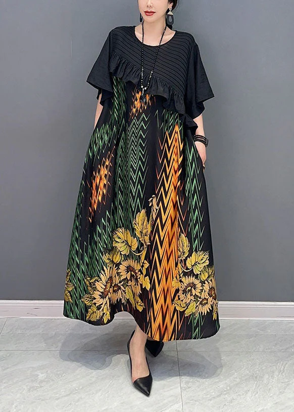 Women Black Print Patchwork Ruffled Silk Dress Summer - Image 3