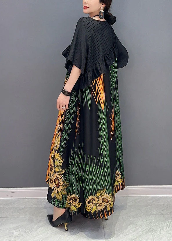 Women Black Print Patchwork Ruffled Silk Dress Summer - Image 4
