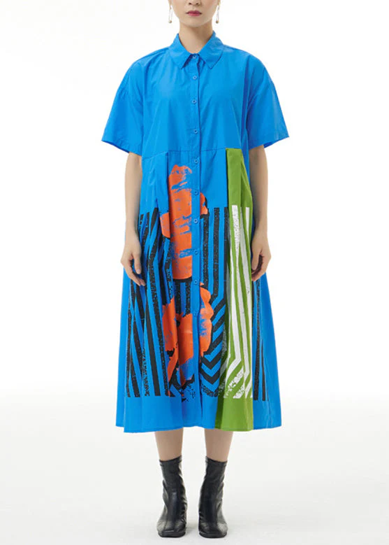 Women Black Print Patchwork Striped Cotton Maxi Shirt Dress Summer - Image 2
