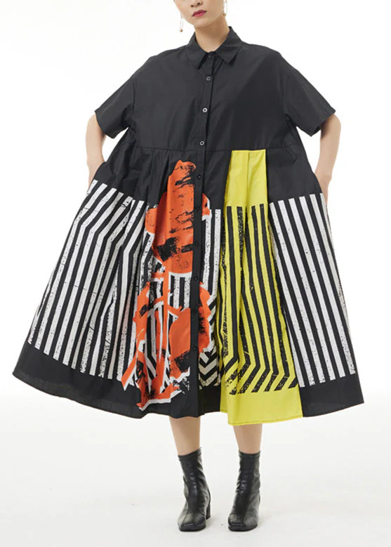 Women Black Print Patchwork Striped Cotton Maxi Shirt Dress Summer - Image 3