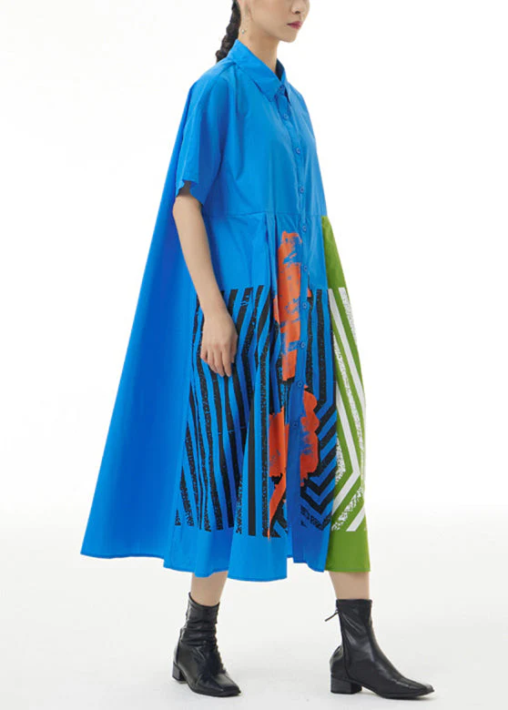 Women Black Print Patchwork Striped Cotton Maxi Shirt Dress Summer - Image 4