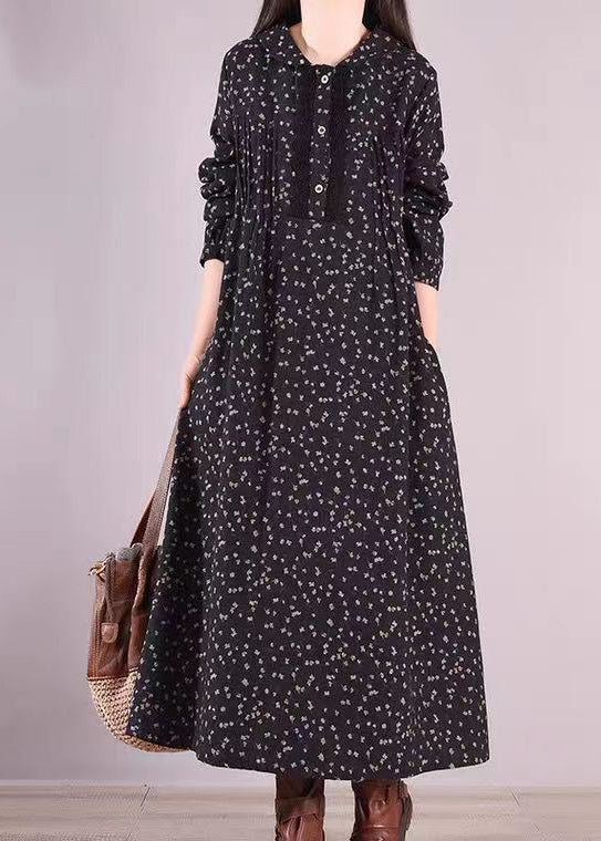 Women Black Print Pockets Wrinkled Patchwork Cotton Long Dresses Fall - Image 2