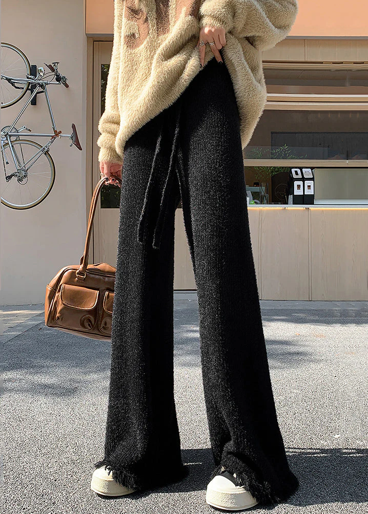 Women Black Raw Edge High Waist Mink Hair Knitted Pants - Image 2