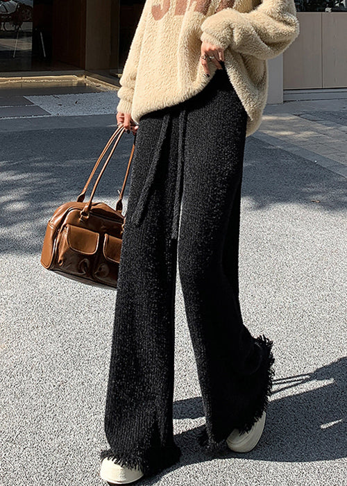 Women Black Raw Edge High Waist Mink Hair Knitted Pants - Image 3