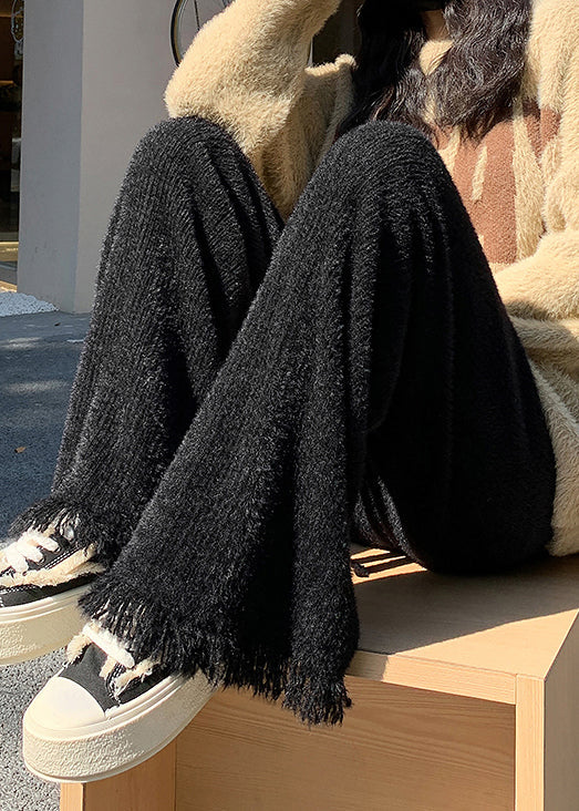 Women Black Raw Edge High Waist Mink Hair Knitted Pants - Image 4
